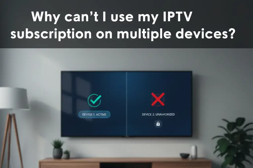 Two hands holding two remotes while a TV shows one IPTV device active and another unauthorized, explaining multi-device restriction.
