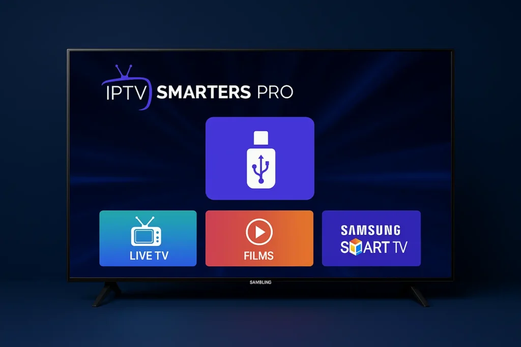 IPTV Smarters Pro app interface on Samsung Smart TV screen with colorful content icons