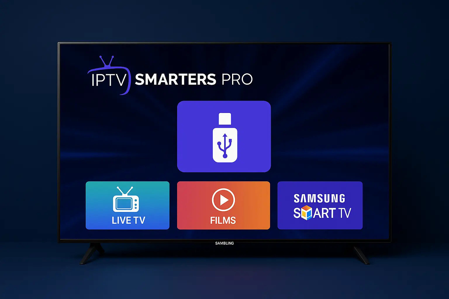IPTV Smarters Pro app interface on Samsung Smart TV screen with colorful content icons