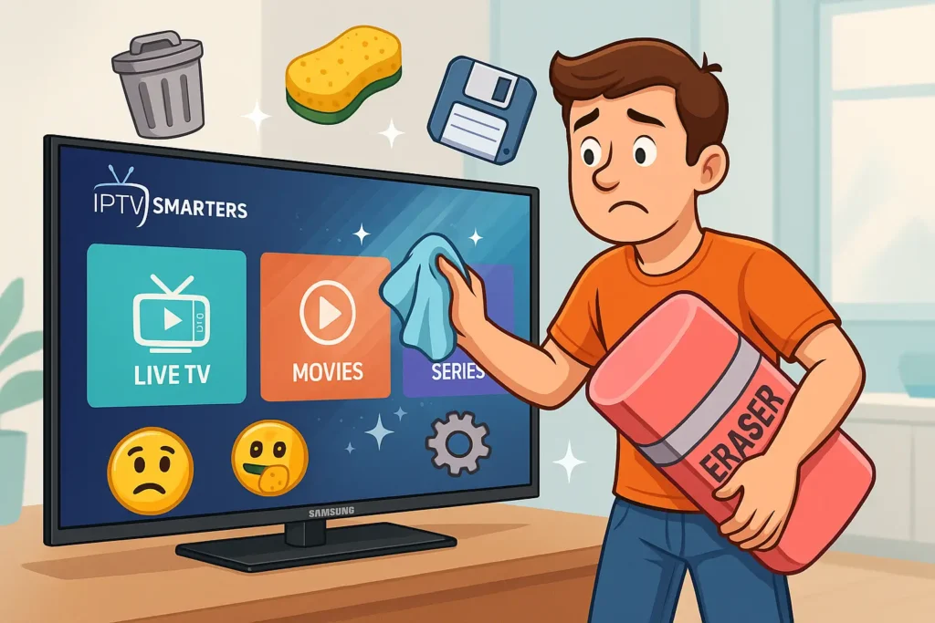 Cartoon man wiping Samsung Smart TV with eraser and cloth, surrounded by cache-clearing icons