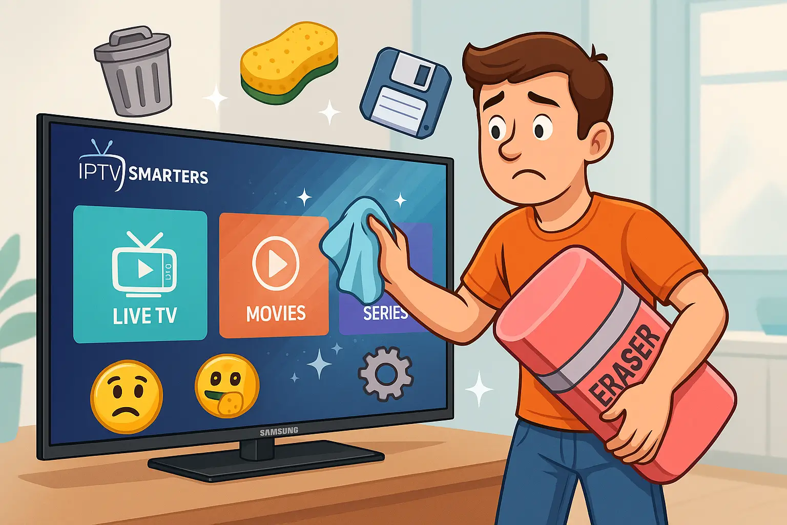 Cartoon man wiping Samsung Smart TV with eraser and cloth, surrounded by cache-clearing icons