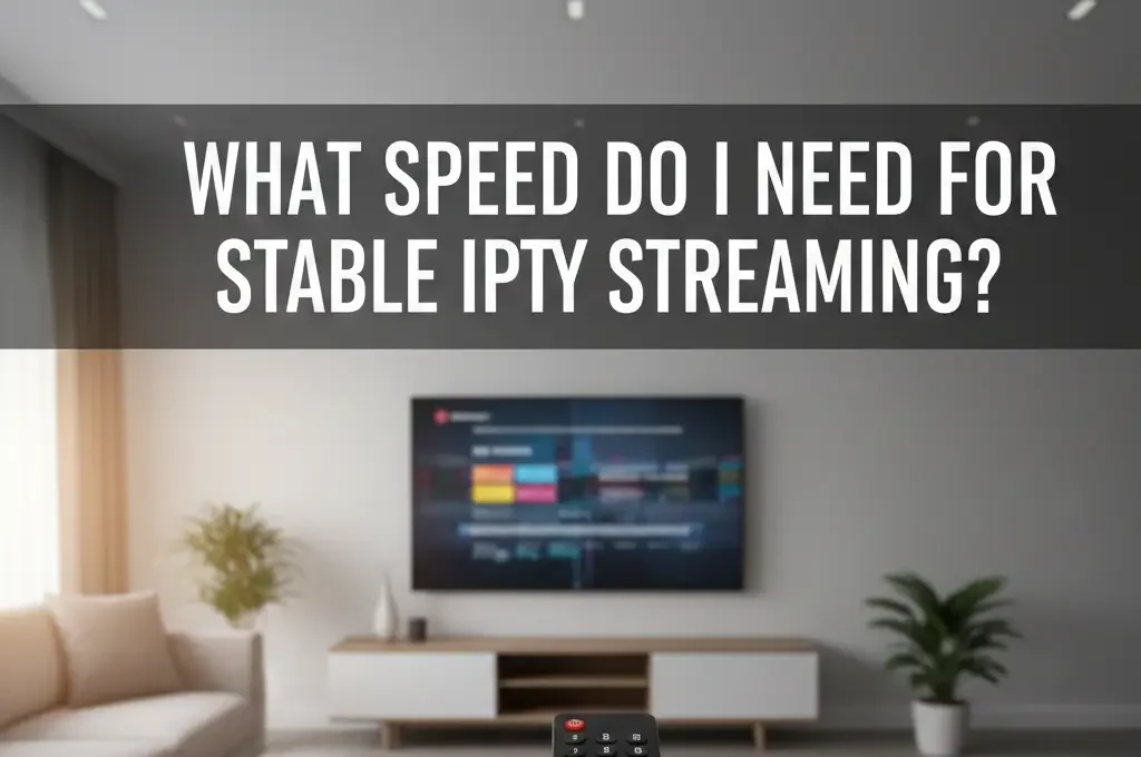 A hand holding a TV remote control in the foreground, pointing towards a modern, slightly blurred television screen in a clean living room. The TV displays colorful content icons. The background includes comfortable sofas and a media console, with soft cinematic lighting. Overlay text in bold white reads: "What speed do I need for stable IPTV streaming?".