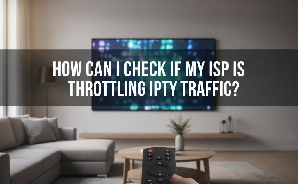 A modern living room with a large TV screen displaying a blurred colorful image. In the foreground, a hand holds a TV remote control, pointing towards the TV. Overlayed on the image in bold white letters is the text: "How can I check if my ISP is throttling IPTV traffic?".