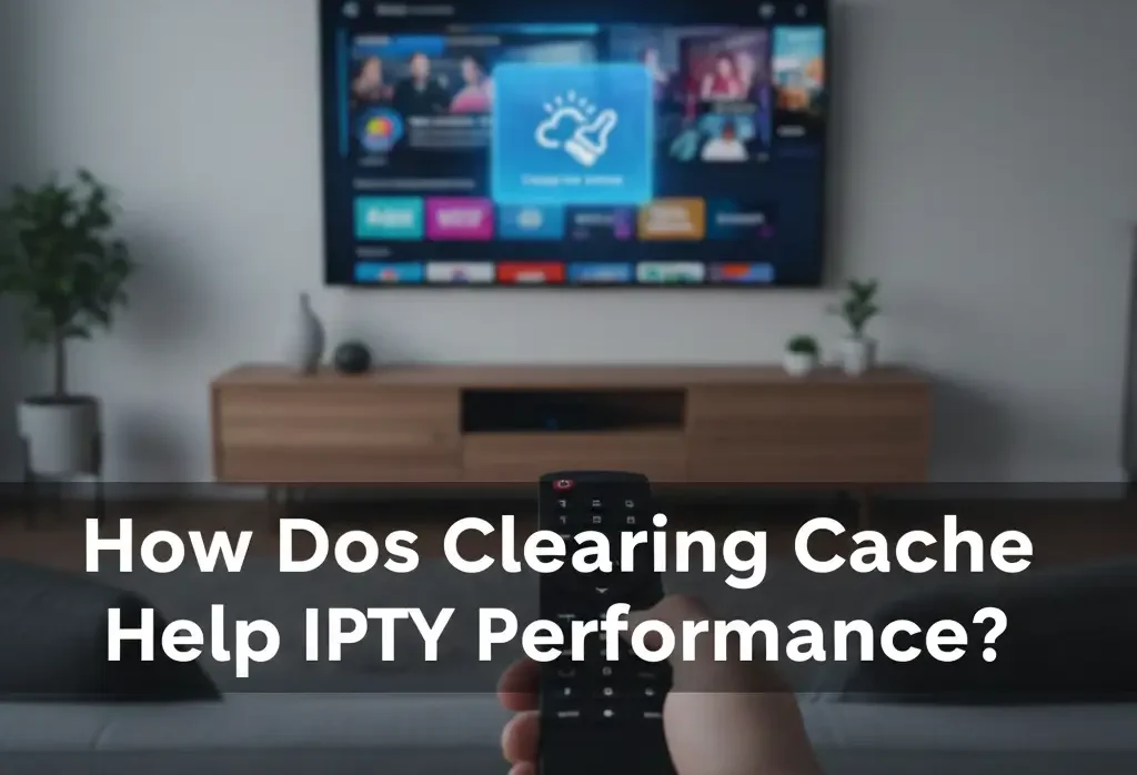 Hand holding a remote while a TV screen shows a clear-cache icon, illustrating how clearing cache improves IPTV performance.