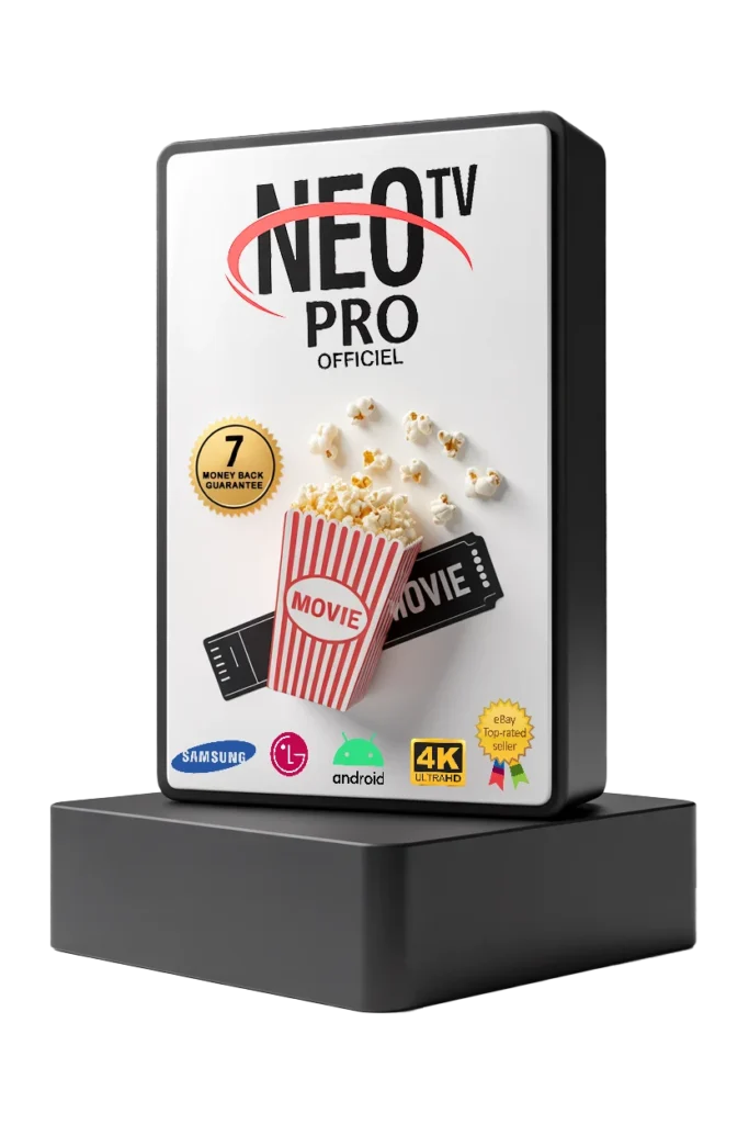 Boîte 3D de l’abonnement NEO PRO 2 IPTV – 12 mois officiels avec garantie de remboursement, compatible avec Android, Samsung, LG et 4K UltraHD. Design moderne avec popcorn et ticket cinéma.