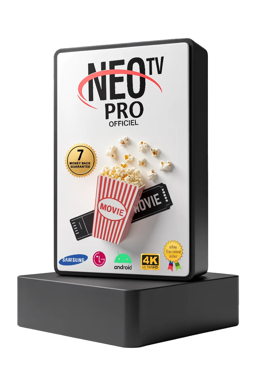 Boîte 3D de l’abonnement NEO PRO 2 IPTV – 12 mois officiels avec garantie de remboursement, compatible avec Android, Samsung, LG et 4K UltraHD. Design moderne avec popcorn et ticket cinéma.