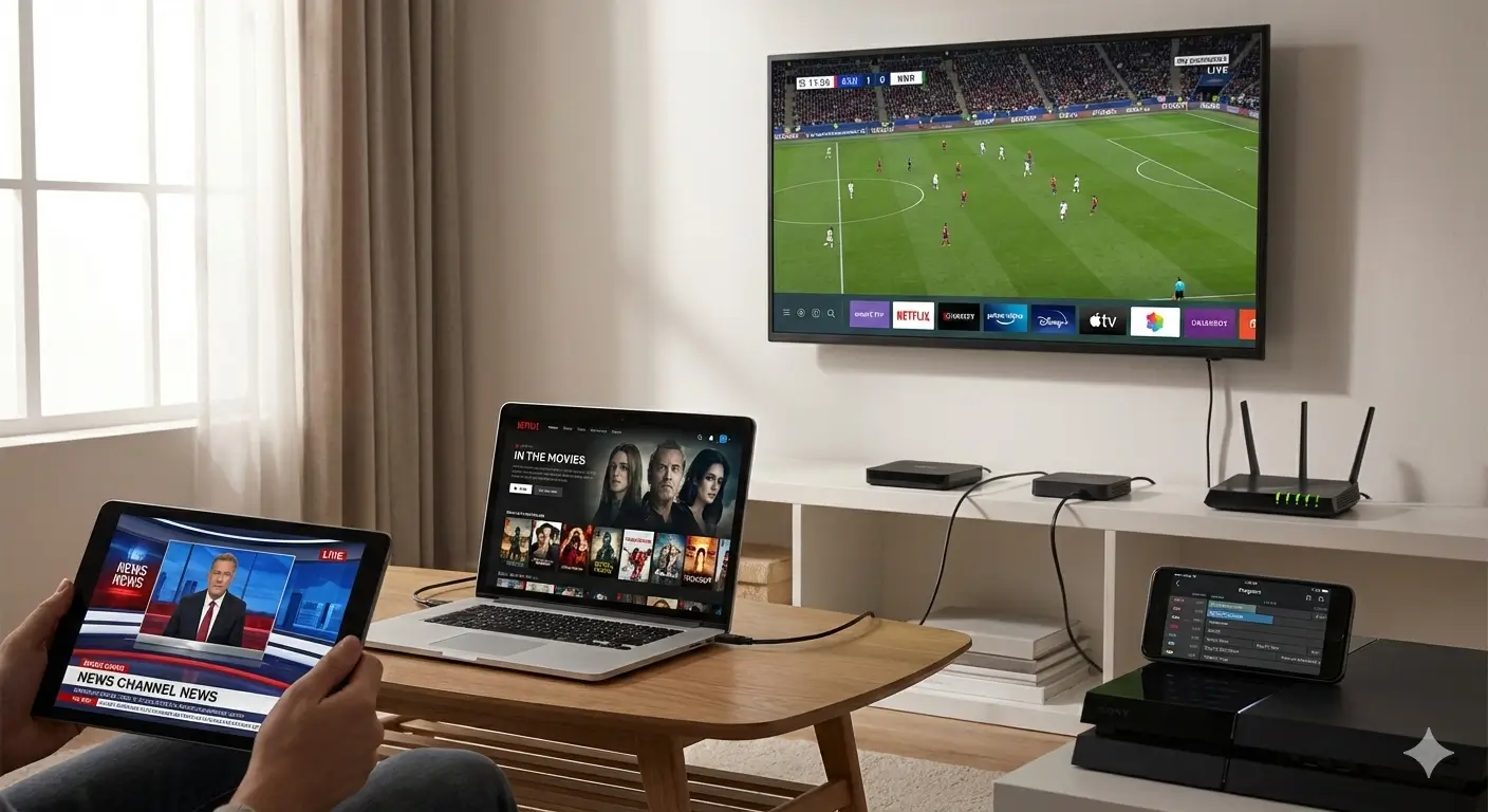 Family streaming live sports and movies via IPTV on multiple home devices