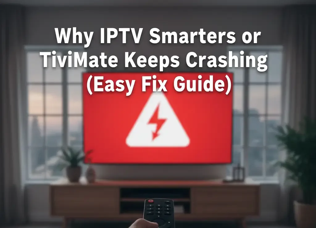 Hand holding a remote while an IPTV app shows an error symbol on the TV screen, illustrating IPTV Smarters or TiviMate crashing issue.