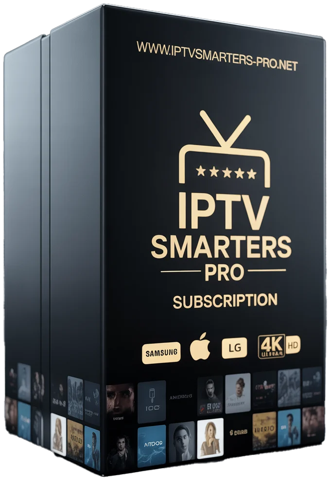 IPTV Smarters Pro Subscription Box featuring 4K HD compatibility and multiple streaming device icons for Samsung, Apple, LG, and more.
