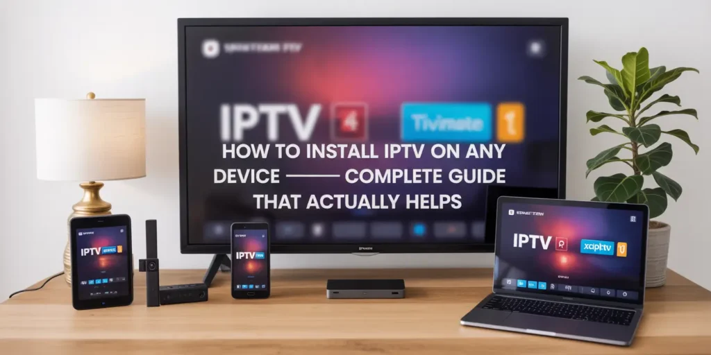 How to Install IPTV on Any Device title focused with setup screens blurred