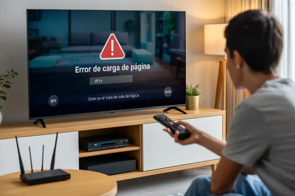 TV showing “Error de carga de página” with user frustrated in living room