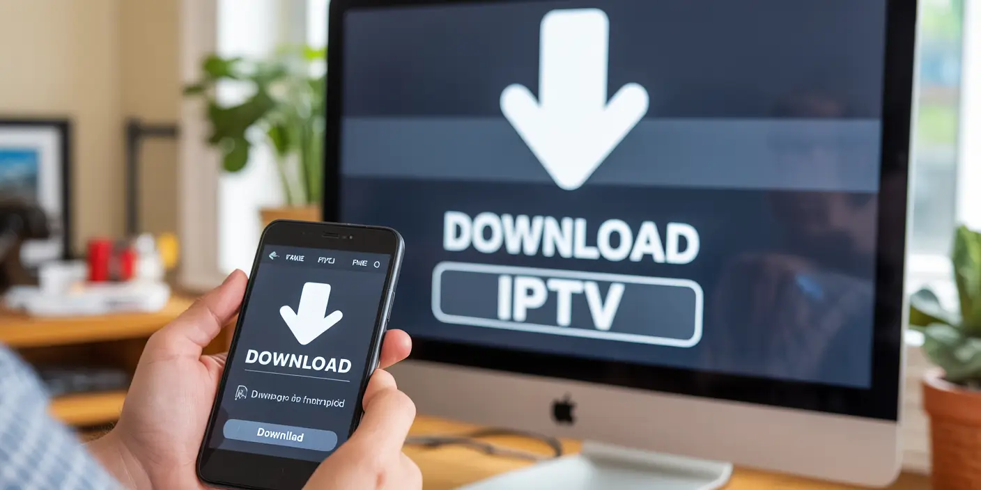 DOWNLOAD IPTV text on screen with background blurred