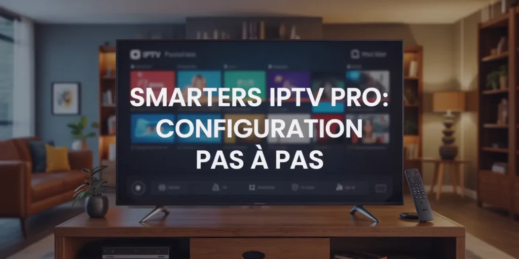 Titre âSMARTERS IPTV PRO: CONFIGURATION PAS Ă PASâ en gras sur TV avec fond flou