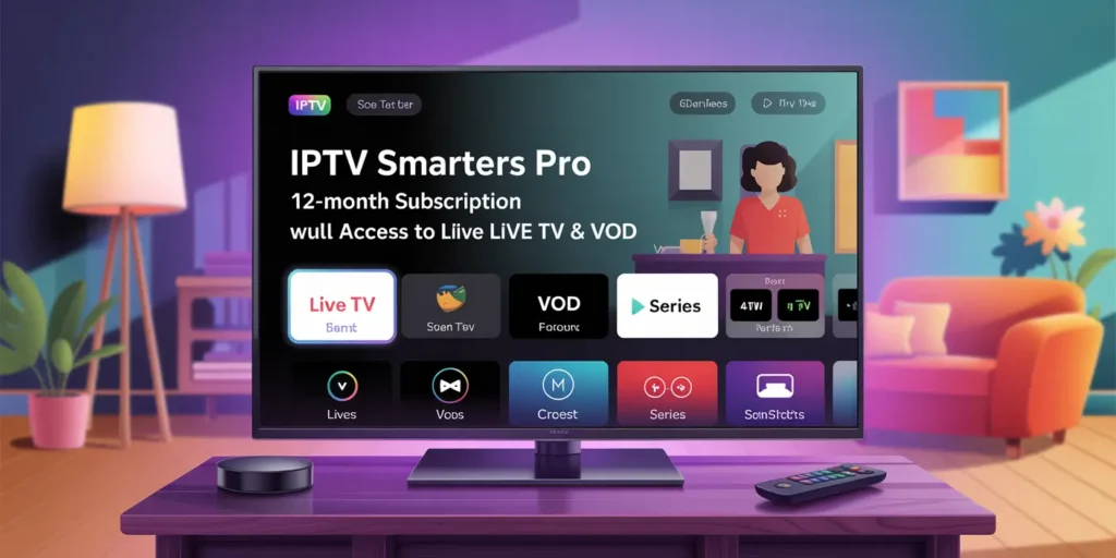 IPTV Smarters Pro 12-Month Subscription text on screen with blurred background