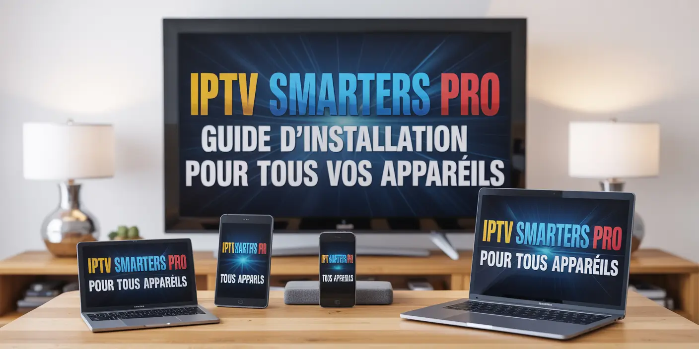 Titre IPTV Smarters Pro affiché en clair avec appareils flous en arrière-plan