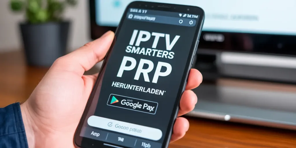 Smartphone mit sichtbarem Titel âIPTV SMARTERS PRO APP HERUNTERLADENâ und verschwommenem Hintergrund