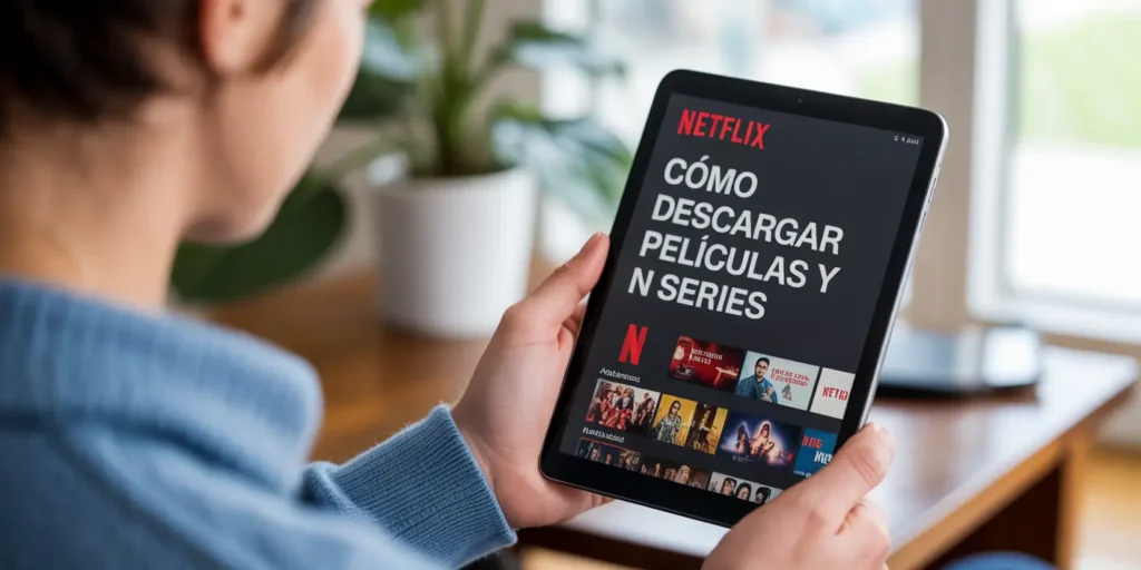 Texto destacado “Cómo descargar películas y series en Netflix” en pantalla con fondo borroso