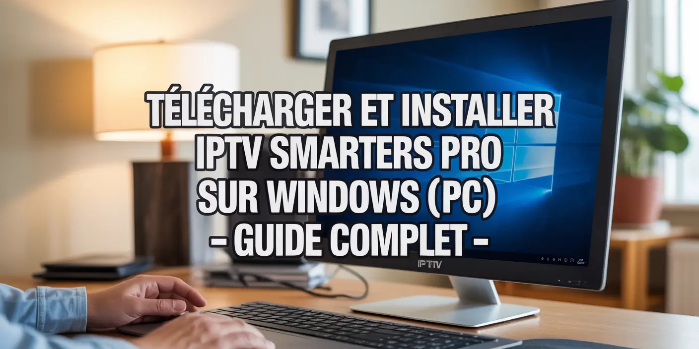 Écran d’ordinateur avec le titre “Télécharger IPTV Smarters Pro sur Windows” affiché clairement