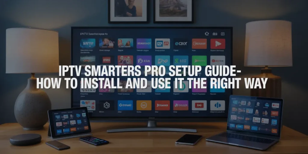 Bold IPTV Smarters Pro Setup Guide title on Smart TV with blurred background
