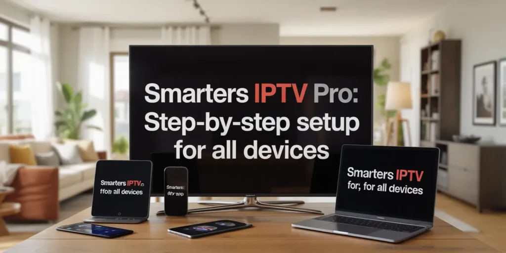 Bold title âSmarters IPTV Pro: Step-by-Step Setup for All Devicesâ on screen with blurred background