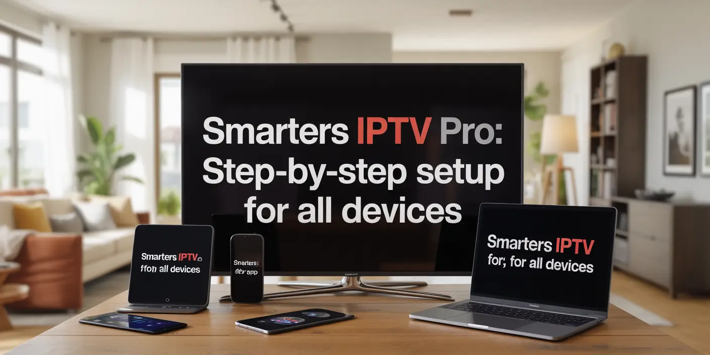 Bold title “Smarters IPTV Pro: Step-by-Step Setup for All Devices” on screen with blurred background