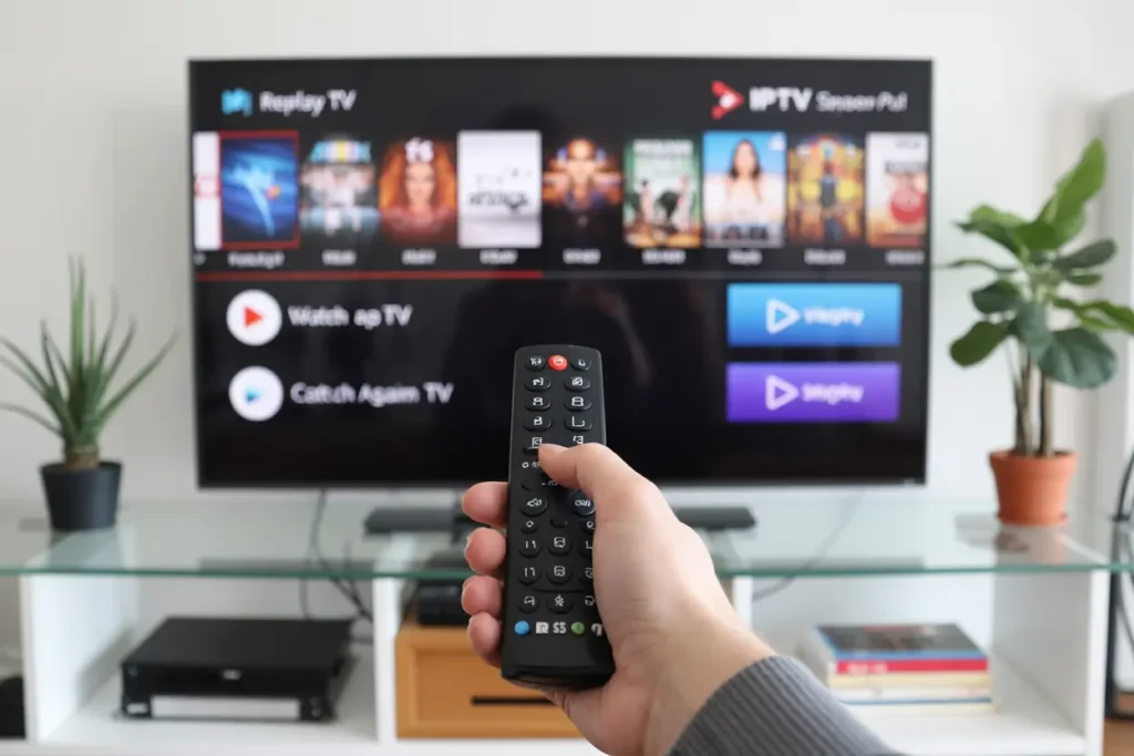 Écran IPTV avec fonction Replay affichant un programme TV passé