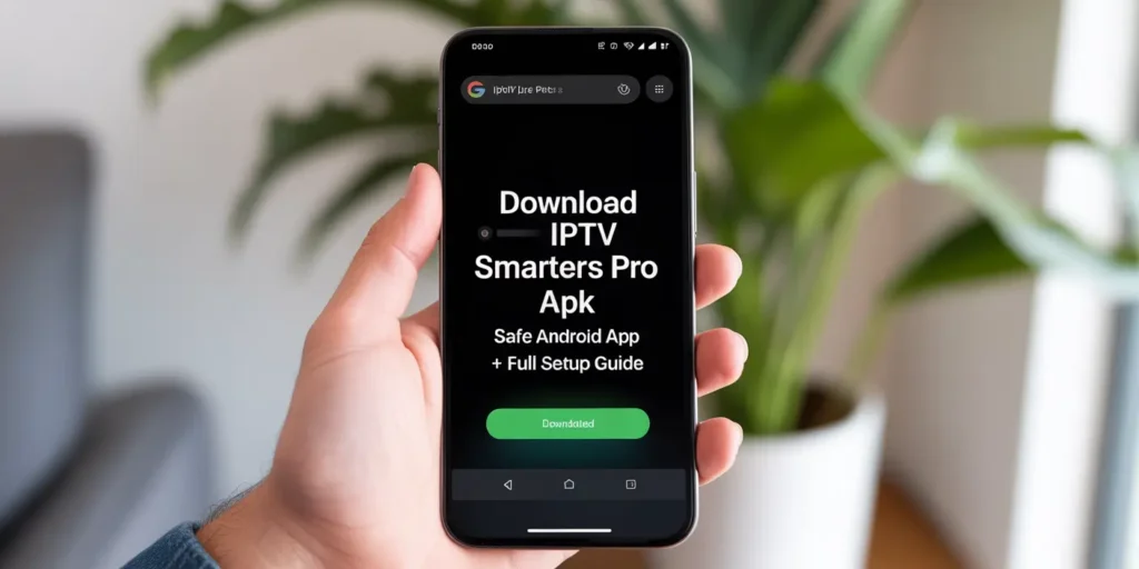 IPTV Smarters Pro APK download screen on Android with blurred background