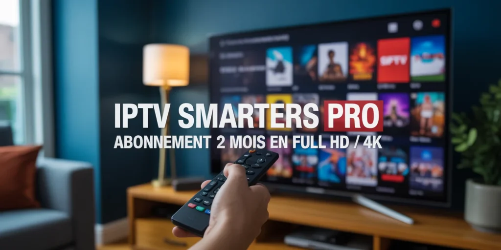 Écran IPTV Smarters Pro affichant contenu Full HD / 4K avec titre clair
