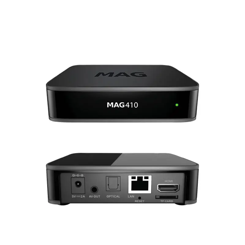 Vue avant et arrière du boîtier IPTV MAG410 avec ses ports HDMI, LAN, AV, et optique