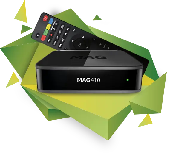 MAG410 IPTV box avec télécommande, packaging et câbles visible